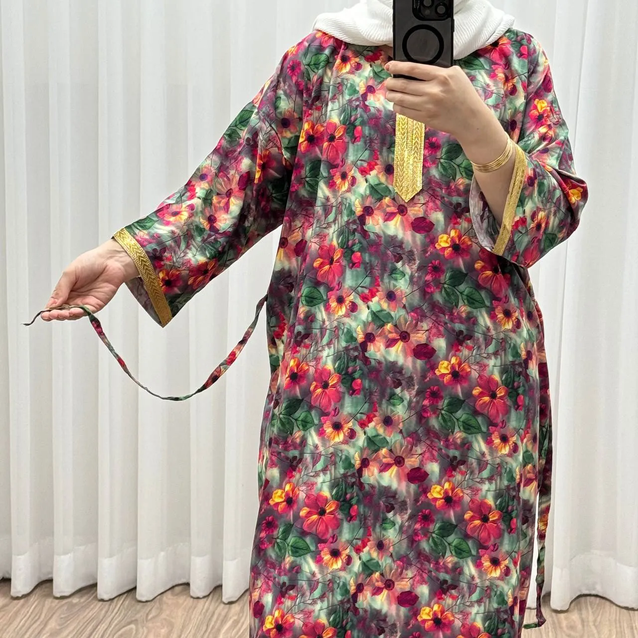 پیراهن نخی سه بعدی طلاکوب فلور بوگاتی فری سایز تا 52 زنانه کمربنددار چهارفصل شیک