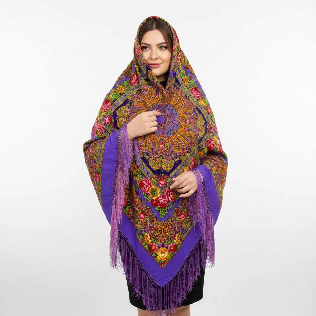 روسری ترکمن اصل زنانه کد 1383 نخی وارداتی ترکیه قواره 140-150 سانت ریشه دستباف 4 فصل