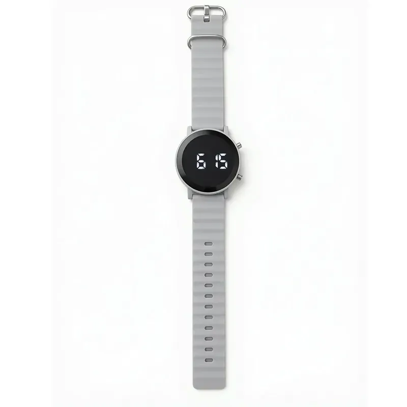 ساعت دیجیتالی LED Watch با بند پیو طوسی و صفحه گرد 35 میلیمتری