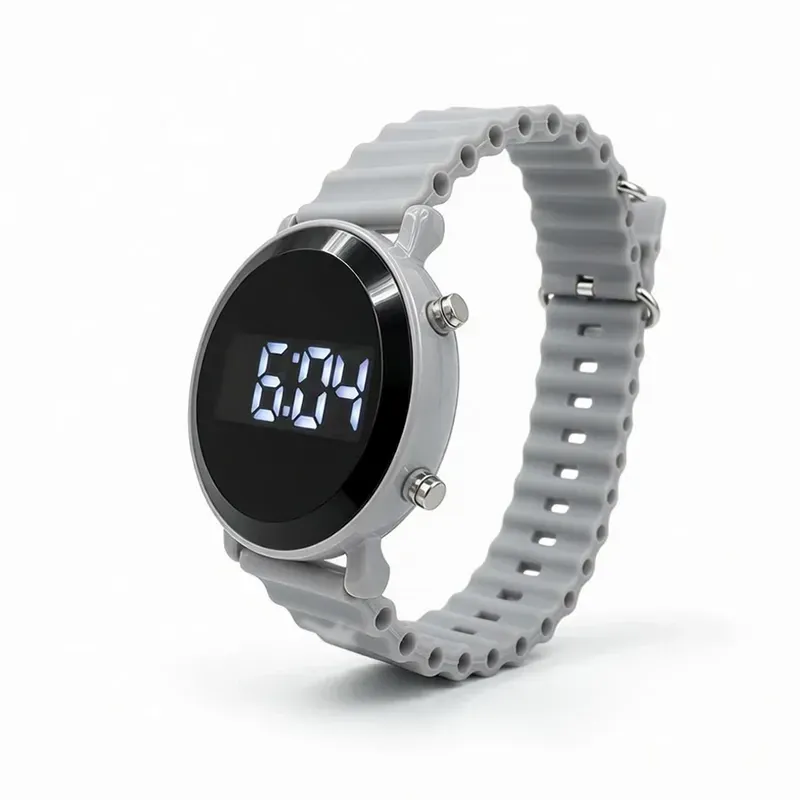 ساعت دیجیتالی LED Watch با بند پیو طوسی و صفحه گرد 35 میلیمتری